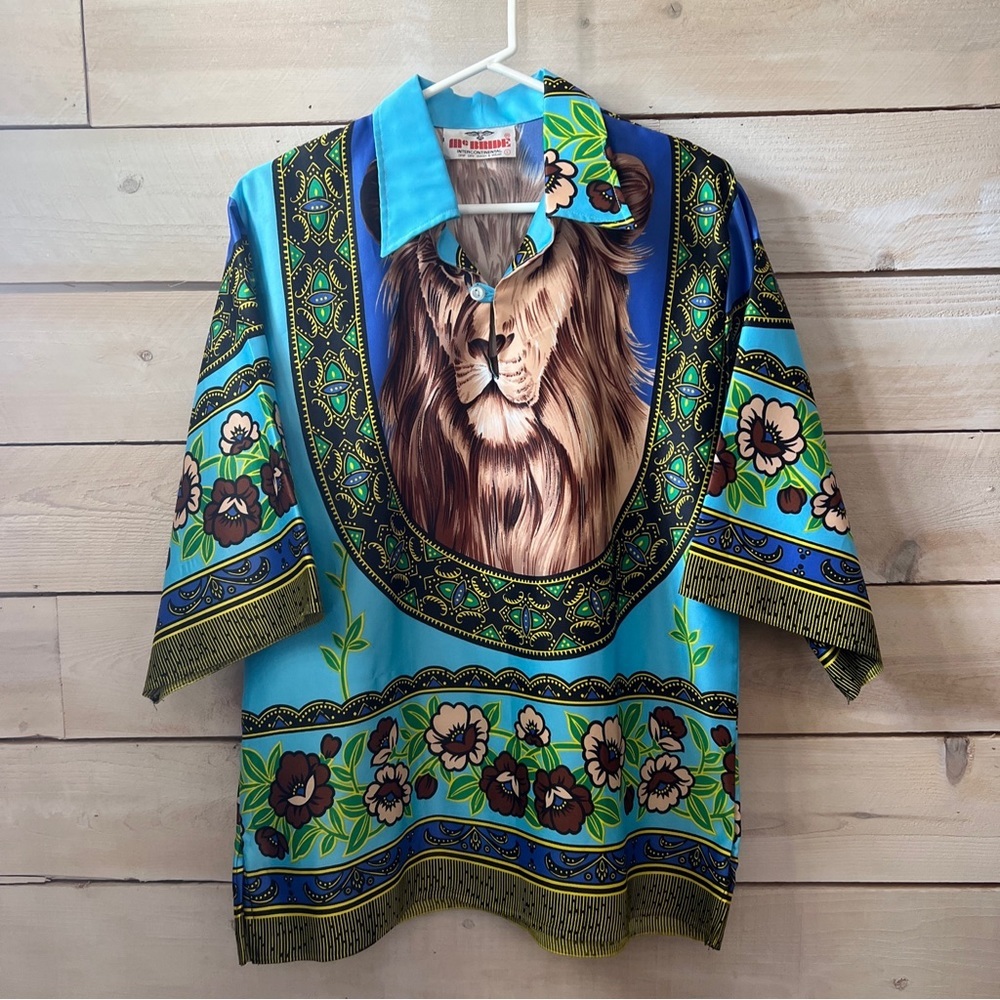 Vintage Turquoise Blue Lion Print Men's Shirt